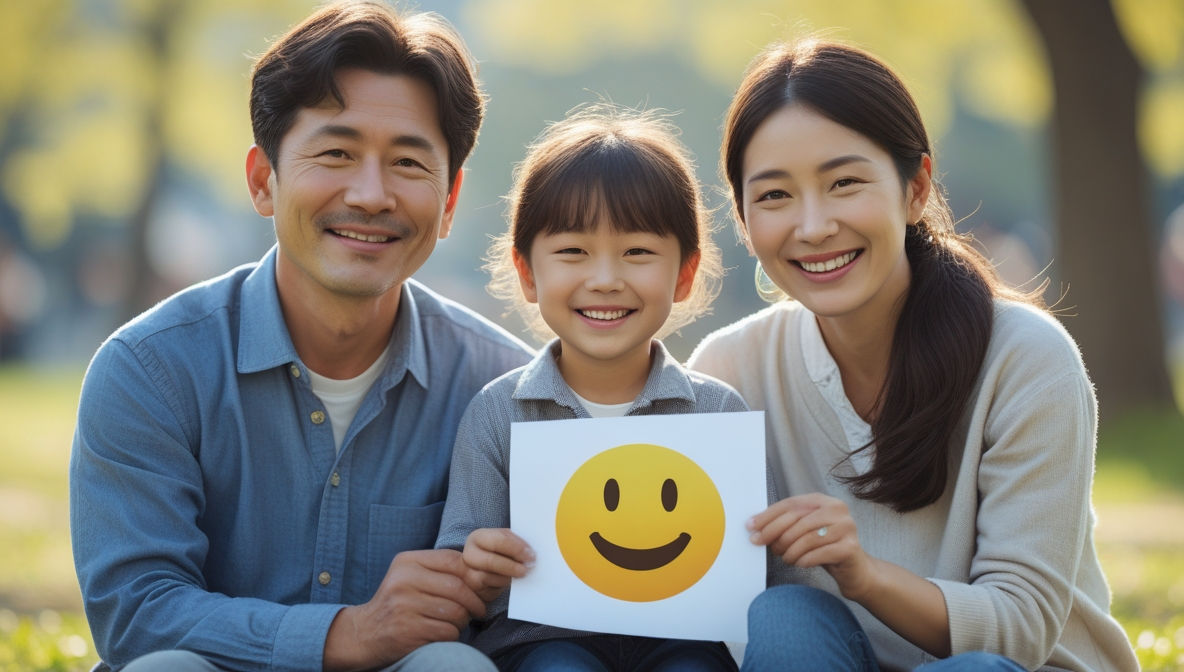 소박한 아버지, 단정한 어머니, 그리고 행복한 어린아이. 경제적으로 넉넉하진 않지만 함께 따뜻하게 웃고 있는 모습