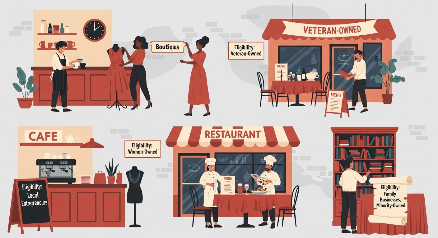 다양한 업종의 소상공인 사업장이 정돈되거나 변화하는 모습을 통해 철거지원금의 자격 요건을 시각적으로 보여주는 이미지