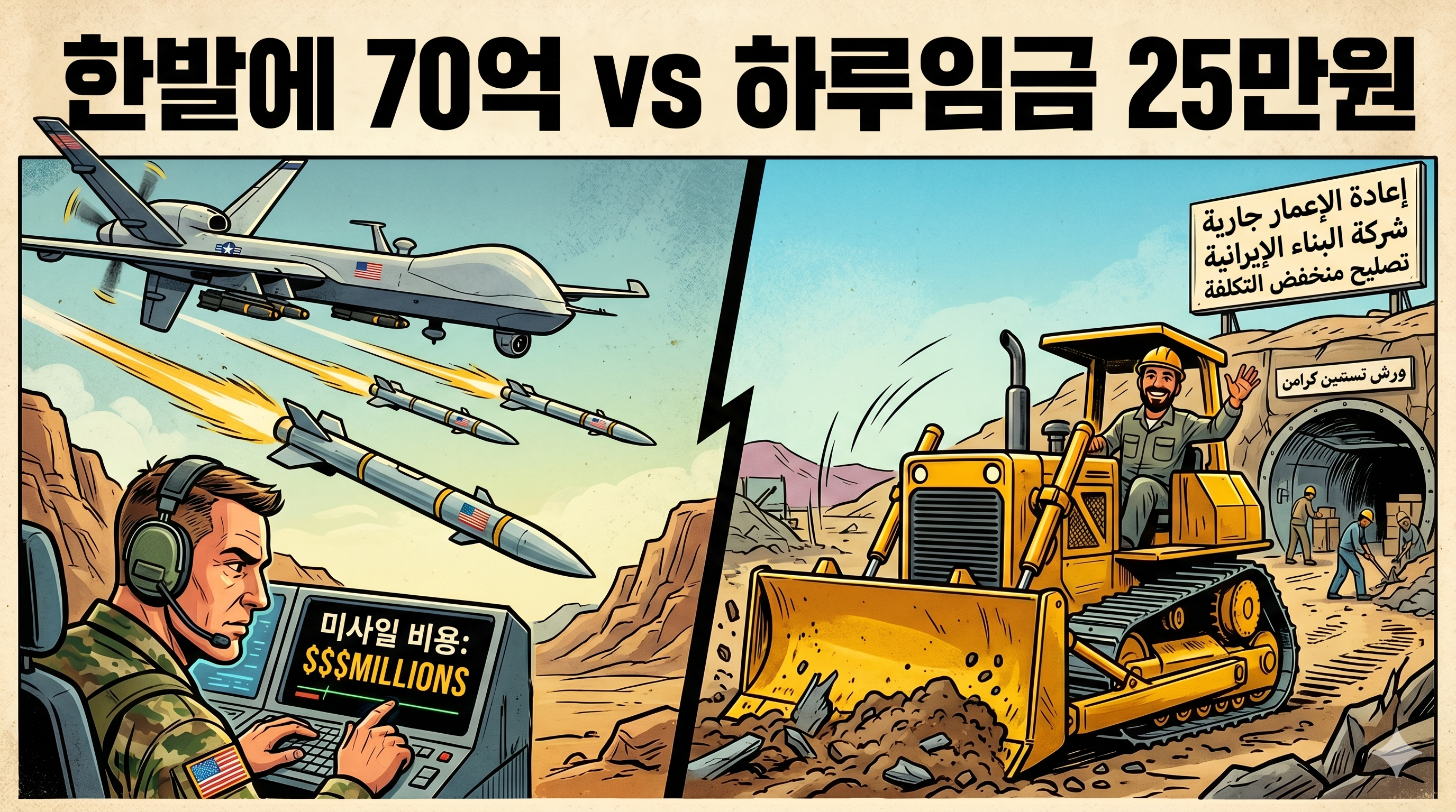 미국이 비싼 미사일을 쏘고 이란이 불도저로 복구하는 모습의 삽화