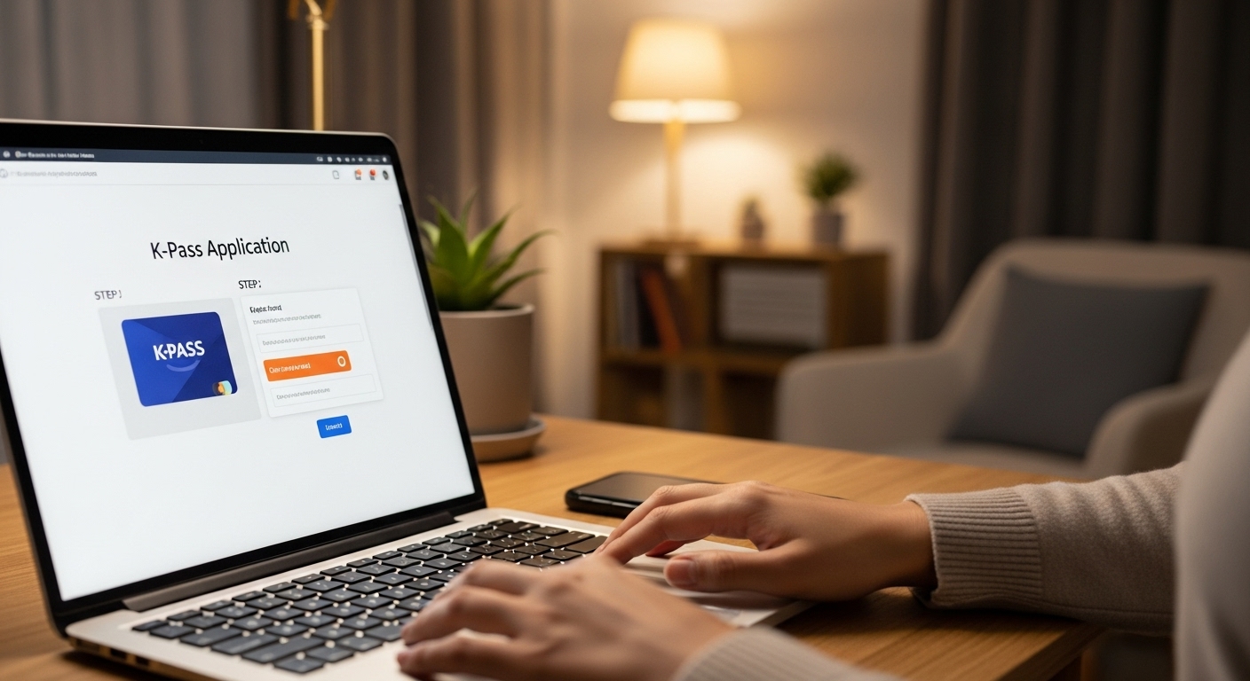 노트북이나 스마트폰으로 K-패스 카드 발급을 온라인으로 신청하는 모습. 깔끔하고 현대적인 사용자 인터페이스가 보입니다.