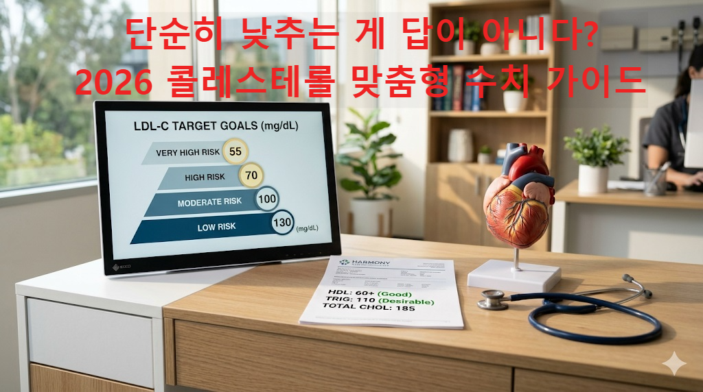 2026 콜레스테롤 위험군별 LDL 목표치(55, 70, 100)와 HDL 정상 범위 가이드 이미지