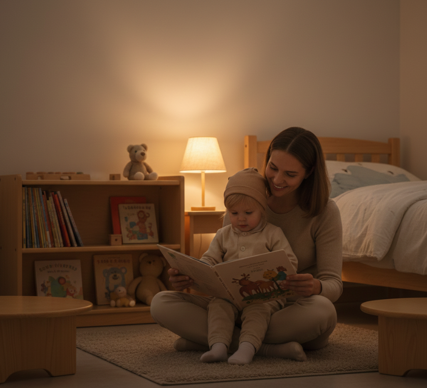 아이가 잠자리에 들기 전 엄마가 책을 읽어주는 모습
