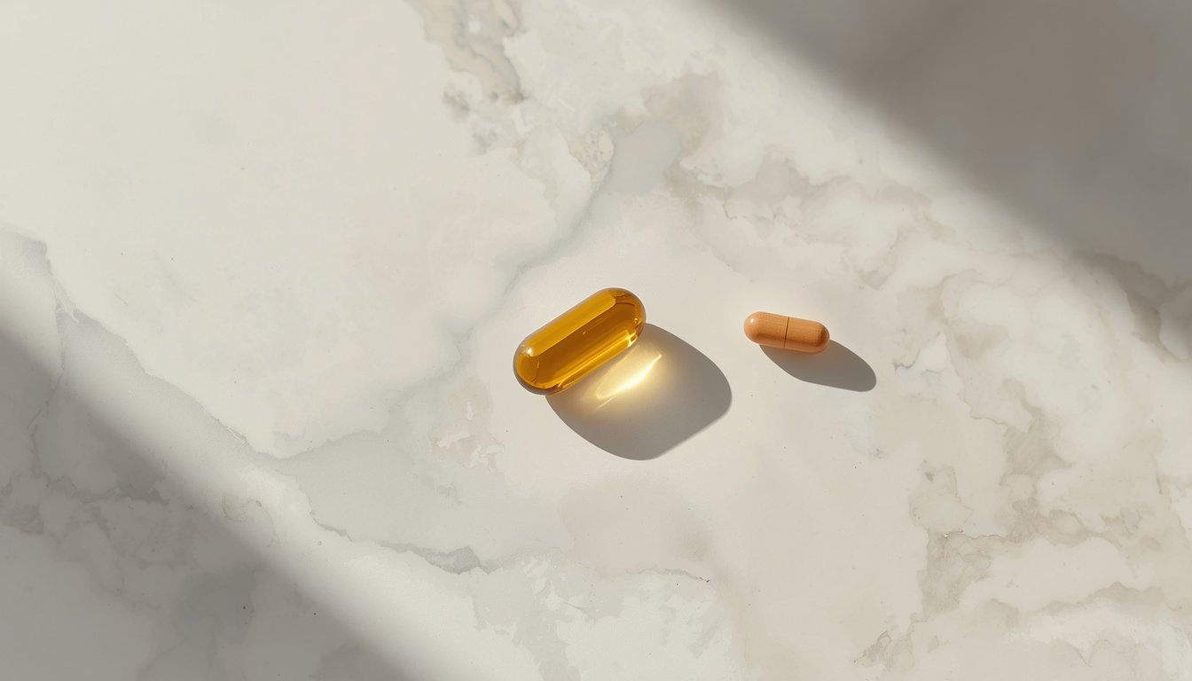 Golden omega-3 softgel capsules arranged neatly with synergistic supplements on a clean background