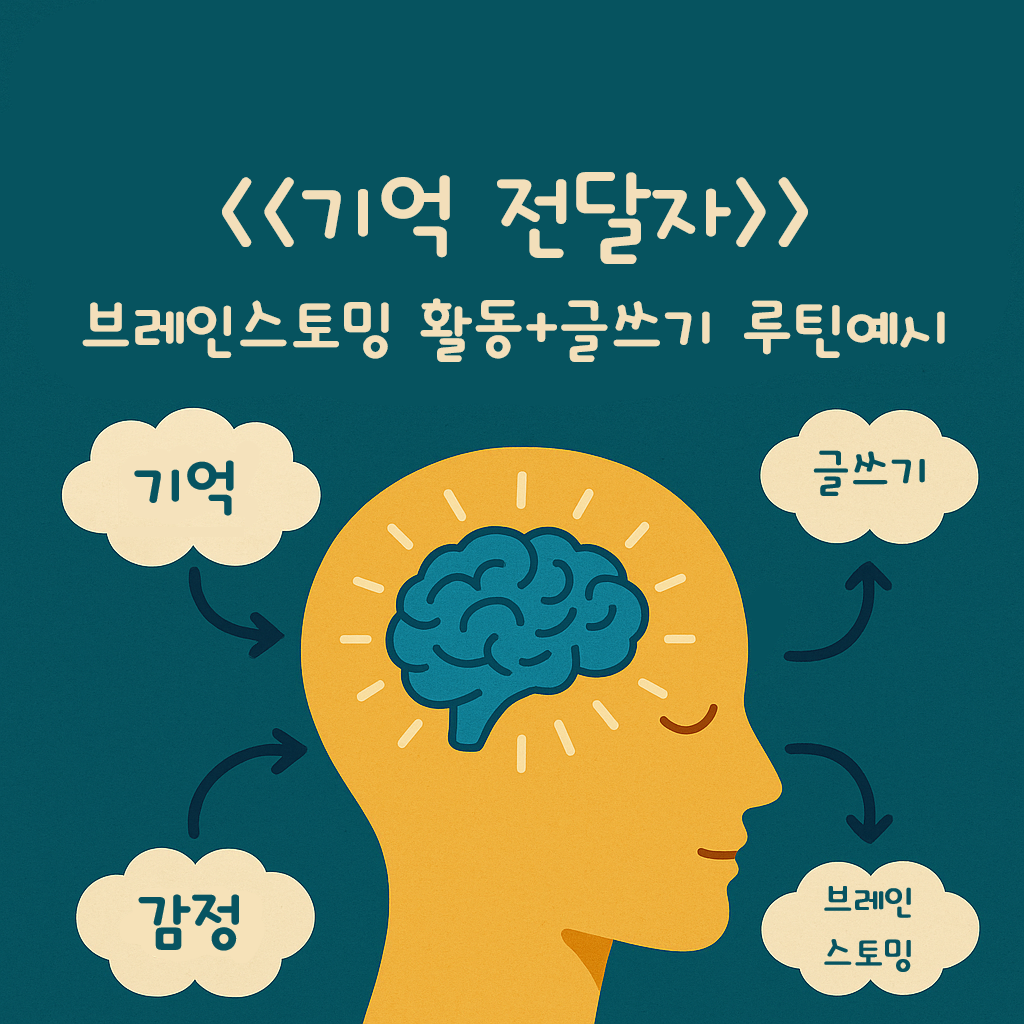 “《기억 전달자》 브레인스토밍 활동과 글쓰기 루틴을 시각적으로 정리한 교육용 썸네일 이미지. 기억·감정·글쓰기·브레인스토밍 키워드가 두뇌와 연결된 형태로 표현됨.”