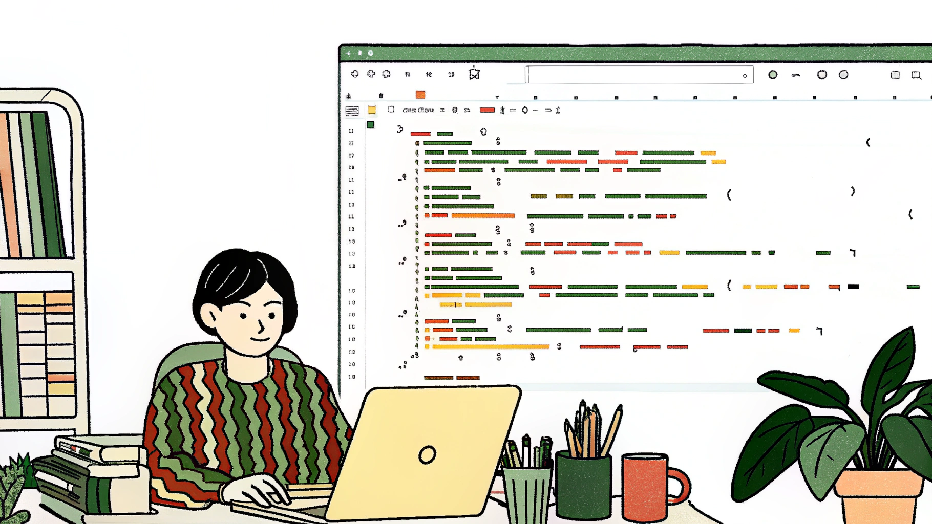 일러스트 스타일의 사무실에서 노트북으로 코딩 작업을 하는 여성과, 벽에 걸린 대형 코드 에디터 화면, 책과 문구류, 화분 등이 놓인 깔끔한 작업 공간의 모습.