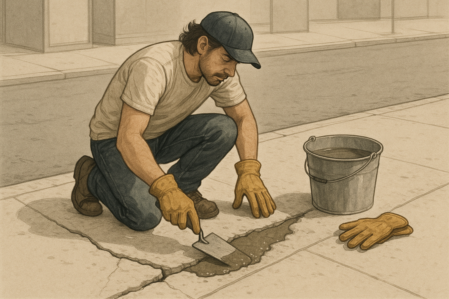 남성이 시멘트로 도로 보수를 하는 모습 일러스트