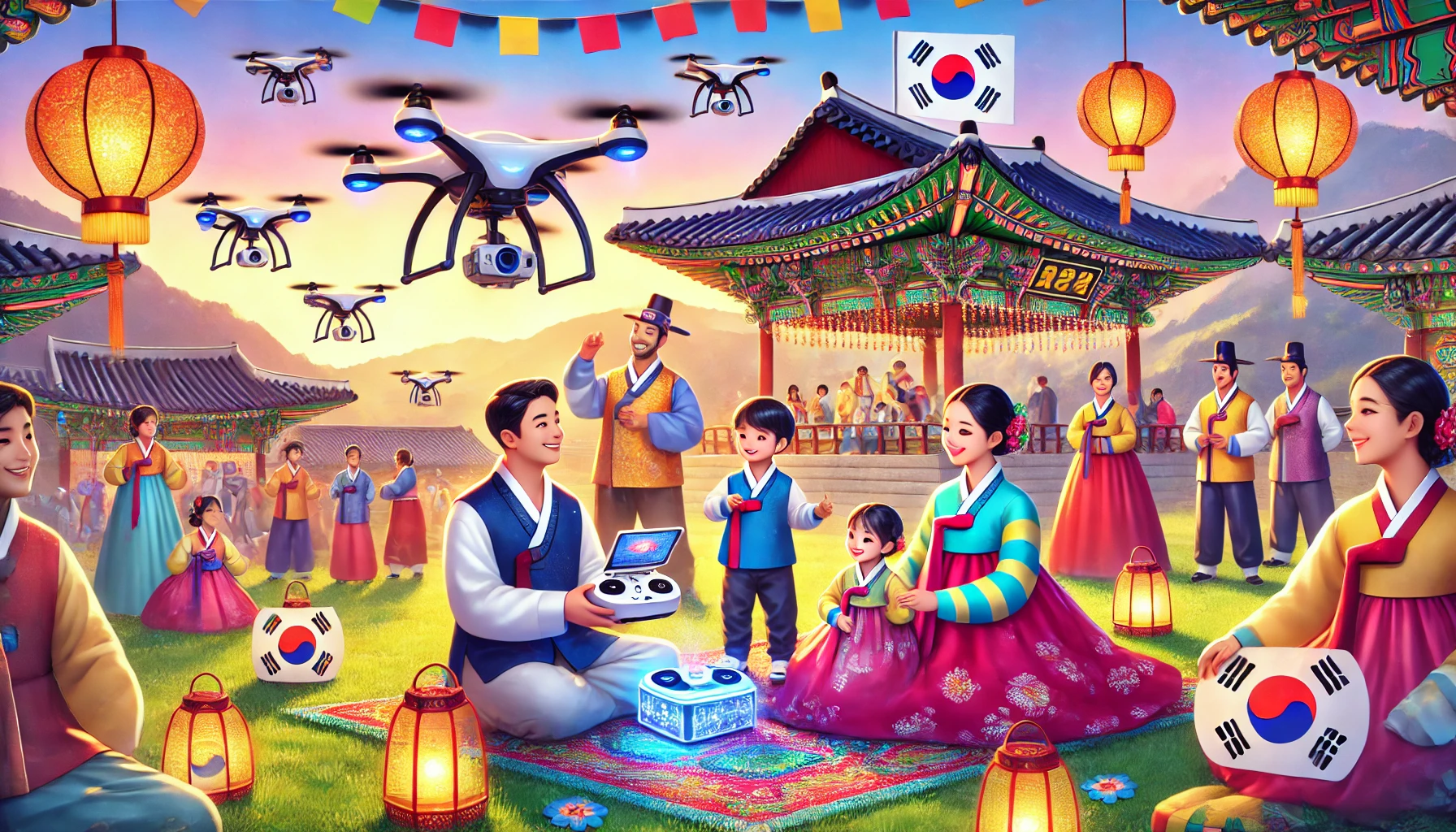 드론을 활용한 대한민국 설 명절 가족 액티비티를 나타내는 사진