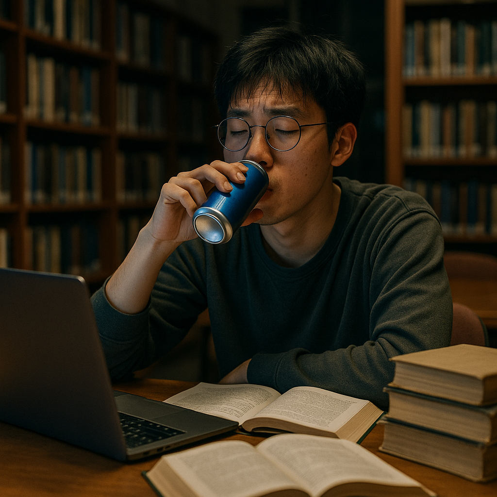 일상 활동 중 피로감과 무기력으로 에너지 드링크를 마시는 장면