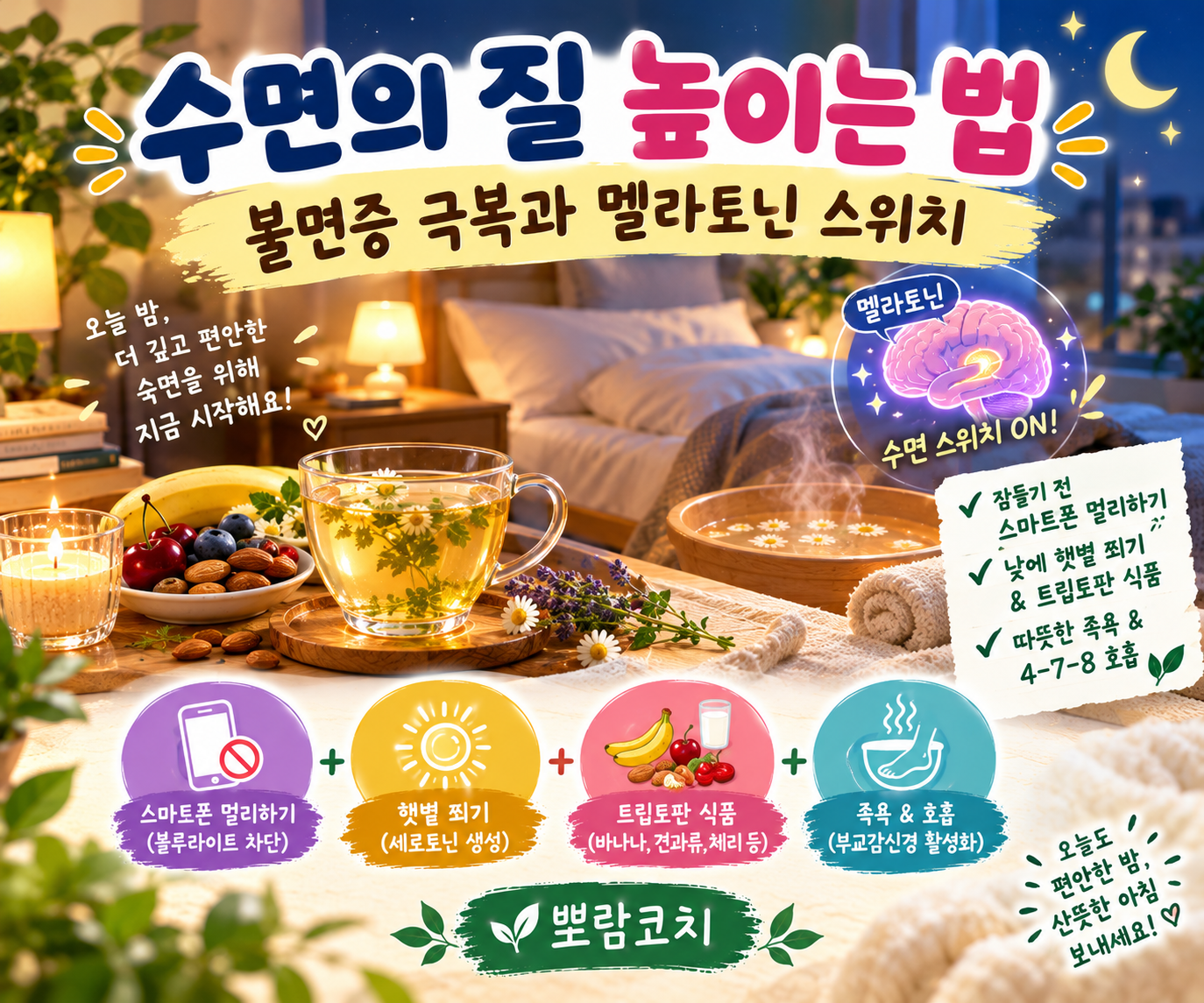 은은하고 따뜻한 주황빛 간접조명 아래에서 편안하게 차 한 잔을 음미하며 휴식을 취하는 모습