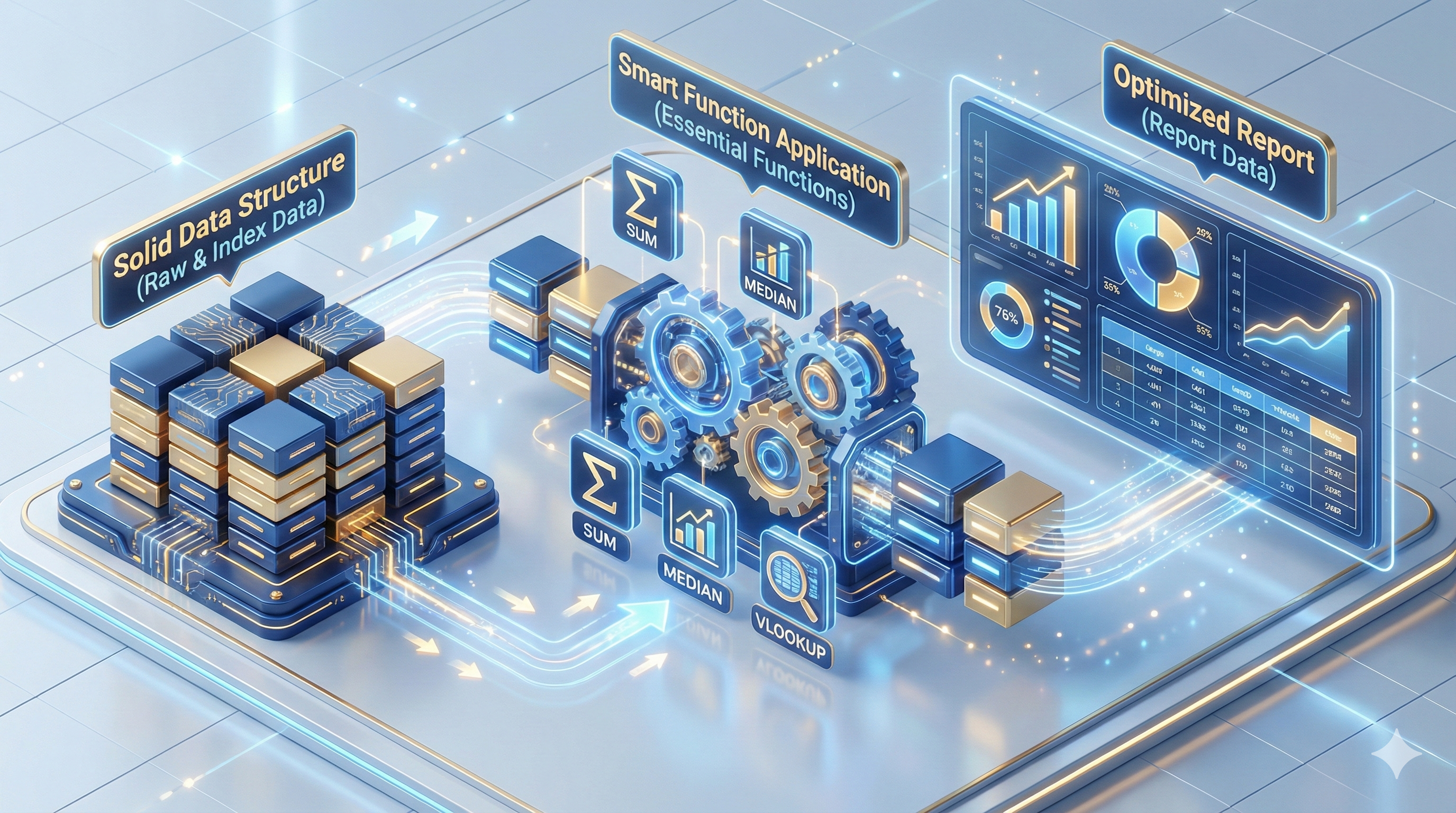 엑셀 함수가 '만능열쇠'가 아니라, 잘 구조화된 데이터 위에서 작동하는 '도구'임을 보여줍니다. Raw/Index 데이터가 스마트한 함수 활용을 거쳐 최종 Report로 완성되는 과정을 세련된 3D 아이소메트릭 형태로 표현하여, 글 전체의 주제를 관통하는 이미지를 만듭니다.