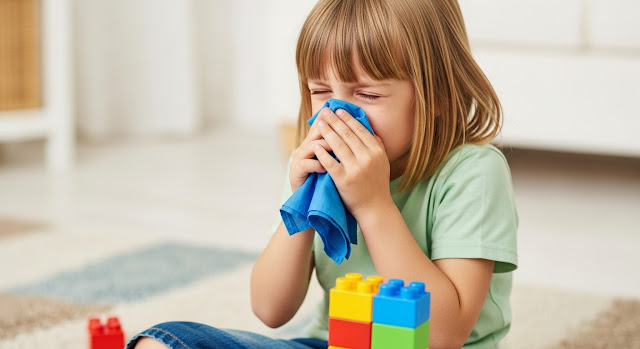 어린 여자 아이가 알레르기 재채기 하는사진