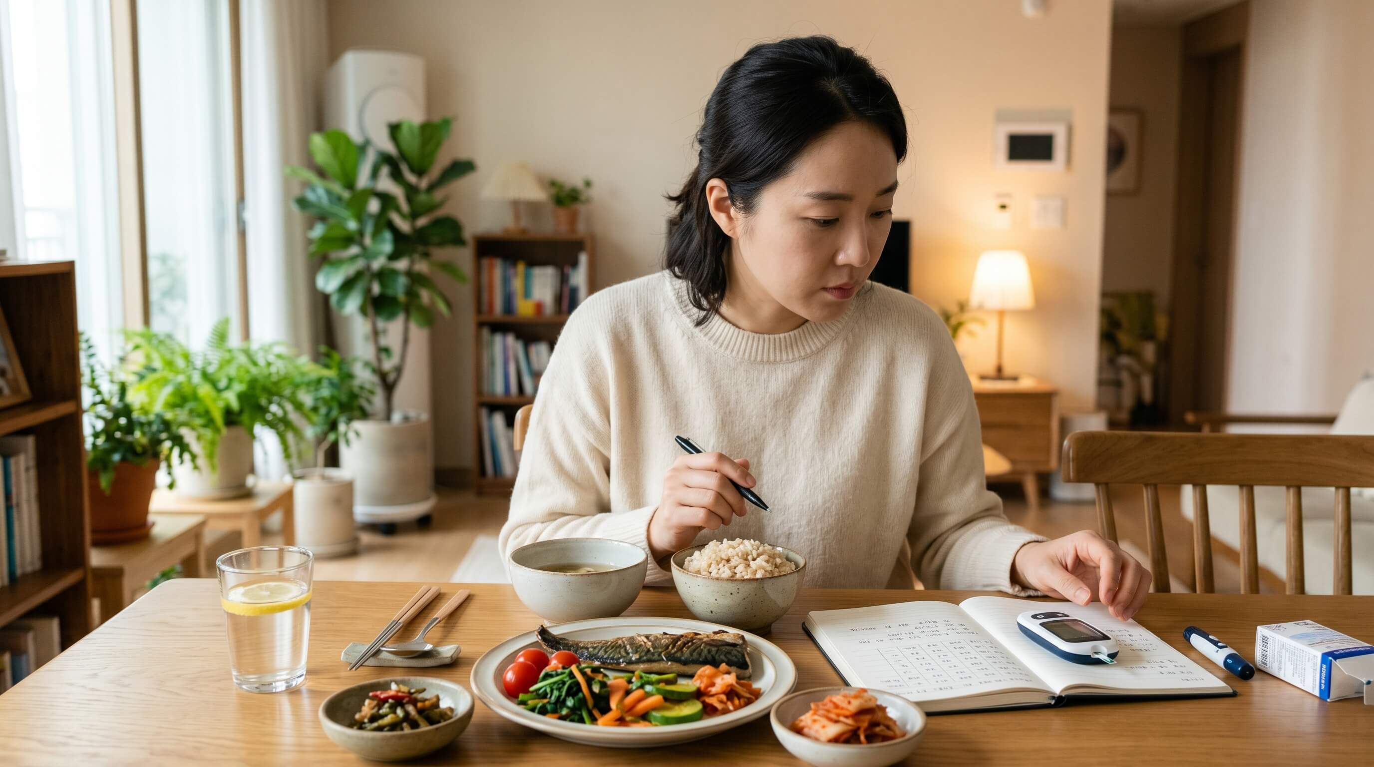 인슐린 저항성 초기 신호와 혈당 관리를 위해 건강한 식사와 혈당 기록을 확인하는 모습