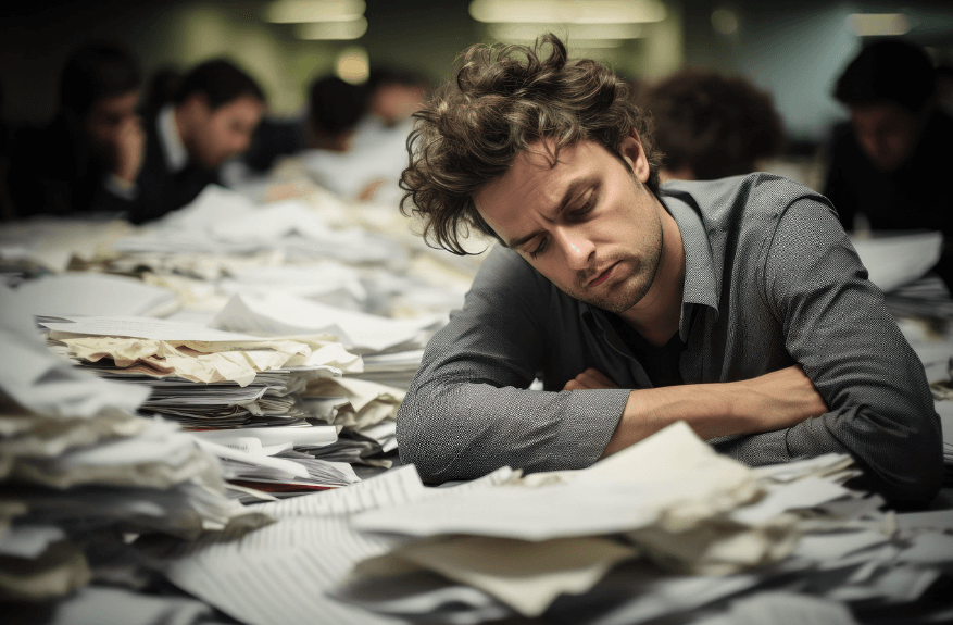 회사 사무실에서 업무량이 많아 고민하는 남성