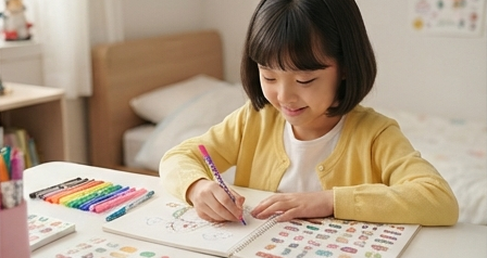 딸이 자기만의 그림 노트를 정리하는 모습