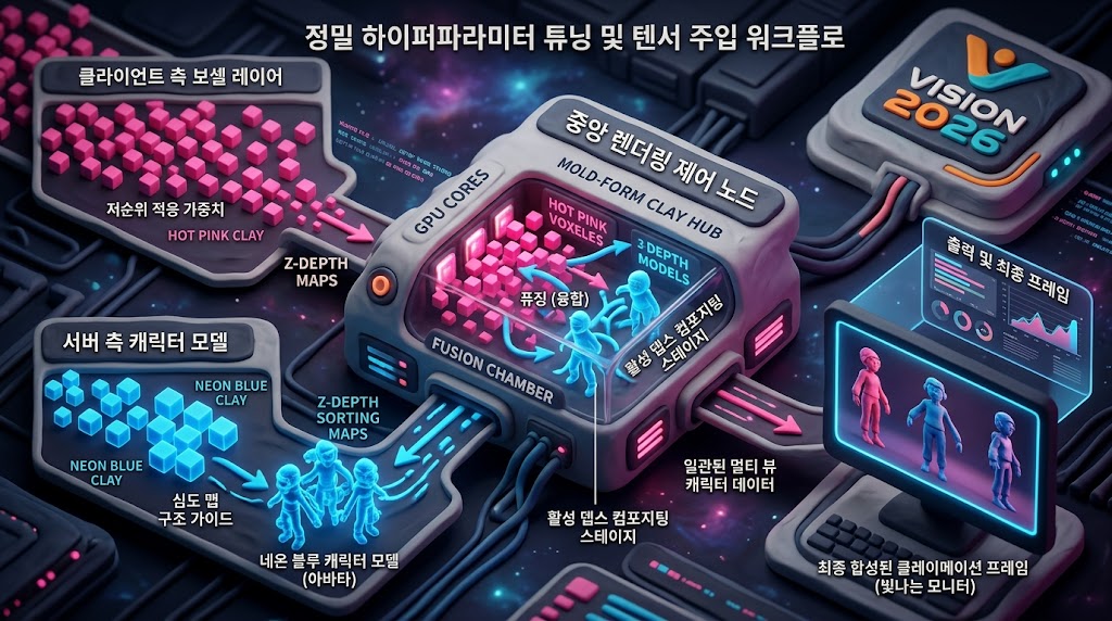 캐릭터의 미세한 특징을 학습한 저차원 텐서 정보가 베이스 모델에 주입되어 각도가 변해도 의상과 외곽선 디테일이 유지되는 생성 워크플로우