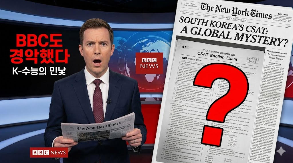 한국 수능 영어의 난이도에 충격받은 해외 언론 보도를 표현한 뉴스 그래픽