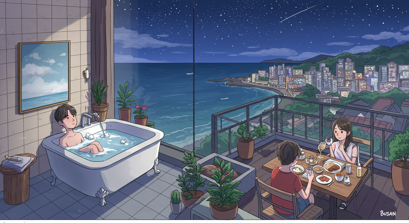 커플이 즐기는 오션뷰 욕조와 루프탑 데이트