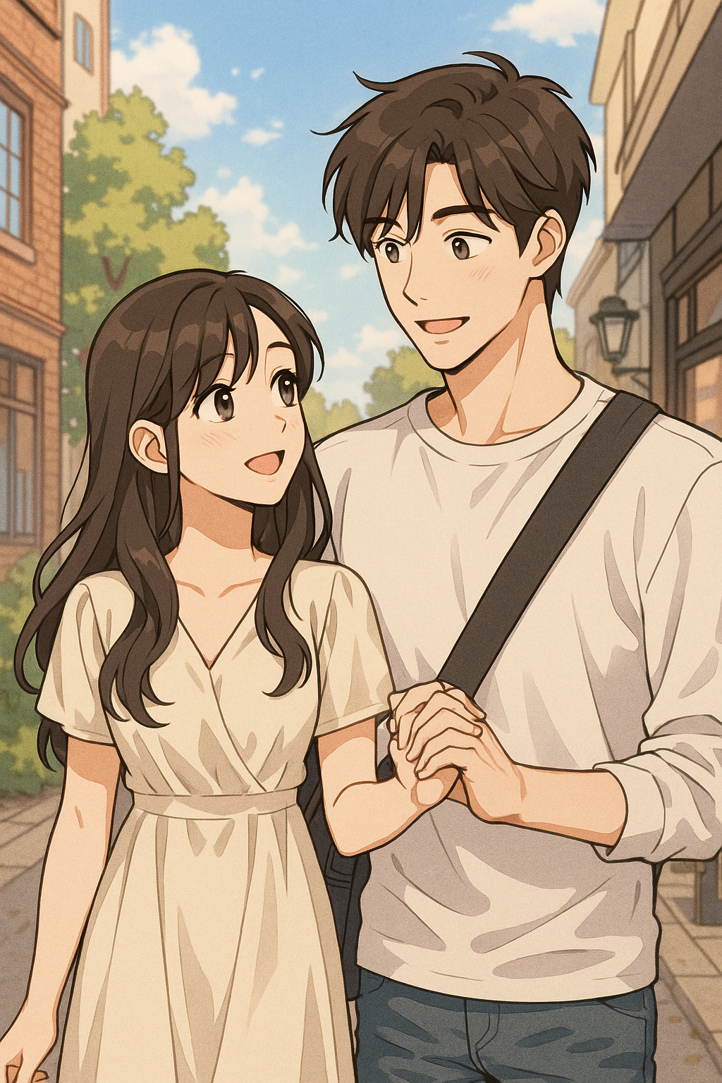 귀여운 커플이 손잡고 데이트하는 그림