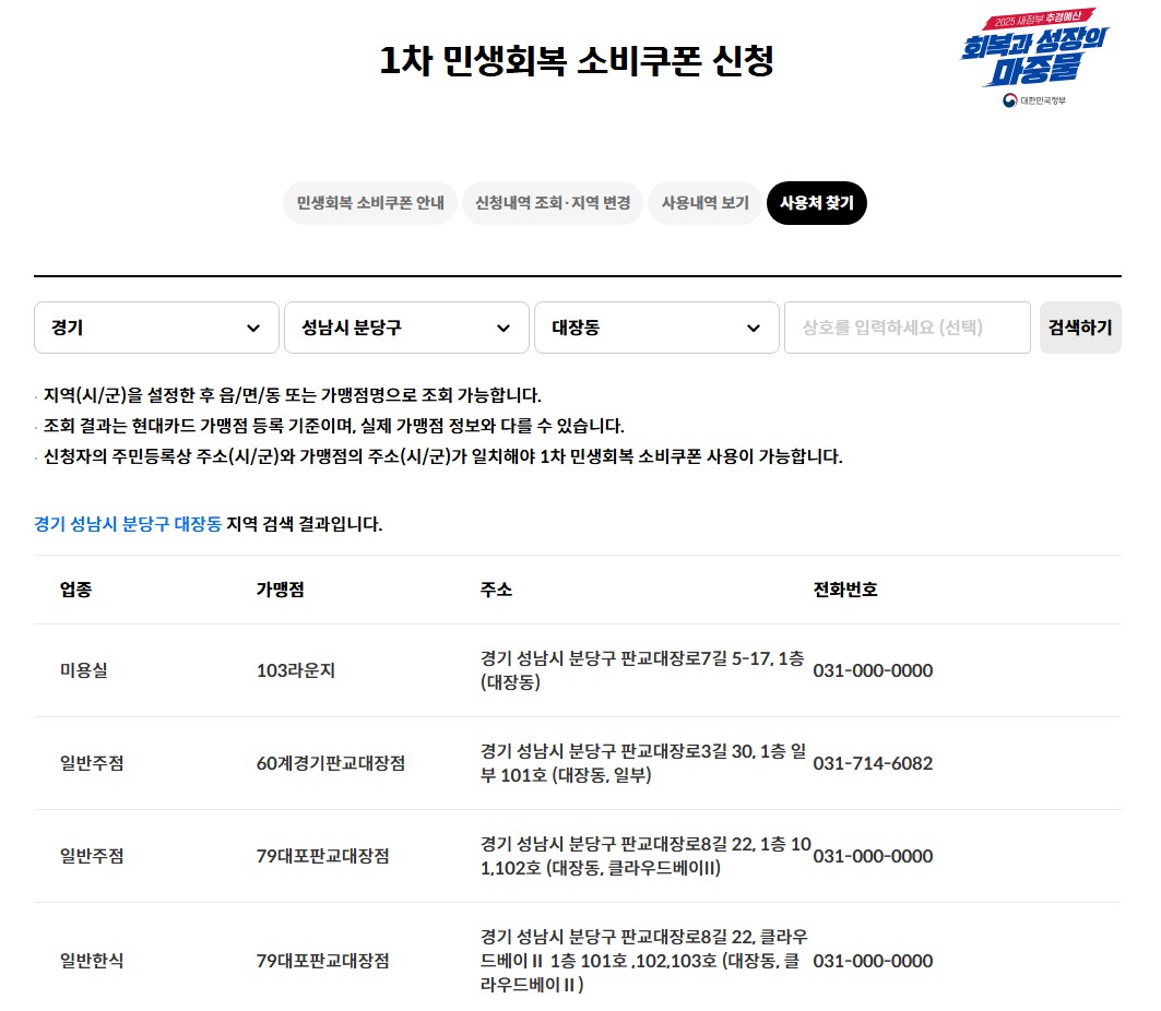 2025 성남시 민생회복 소비쿠폰 사용처 조회 방법
