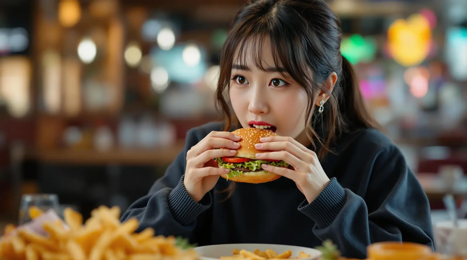 햄버거를 먹는 여성