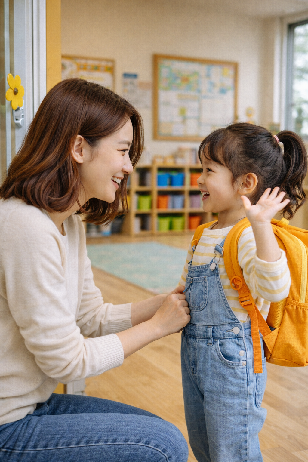 어린이집 문 앞에서 엄마가 밝은 미소로 아이와 작별 인사를 나누는 따뜻한 장면