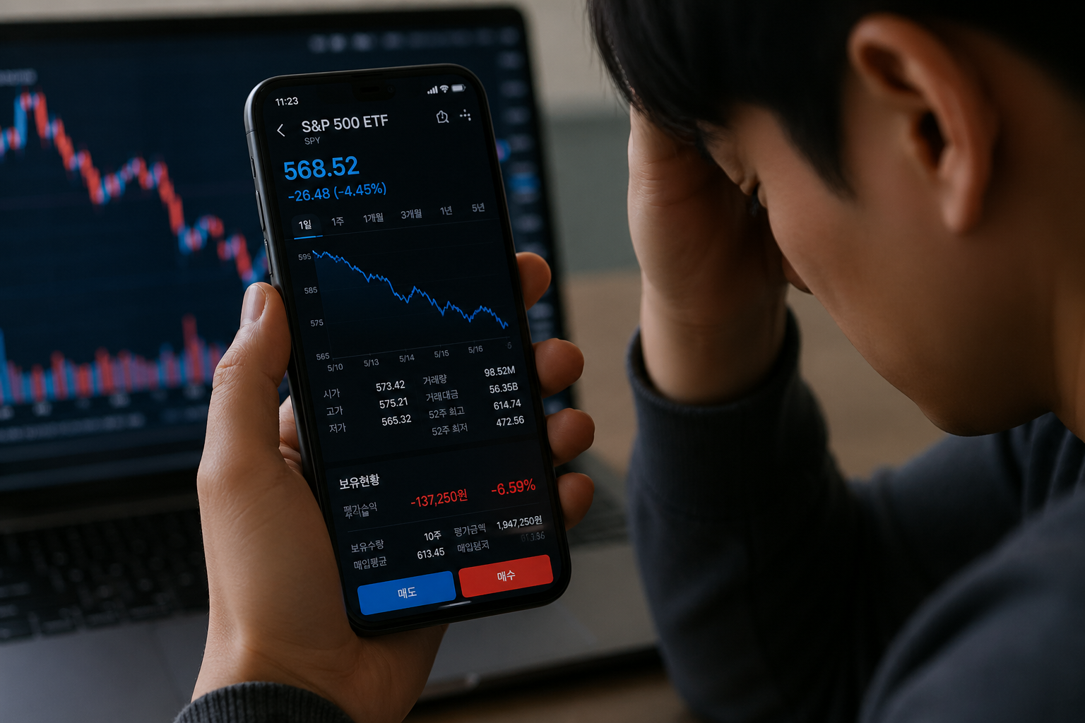 ETF 하락장에서 투자자가 손실을 고민하는 주식 앱 화면