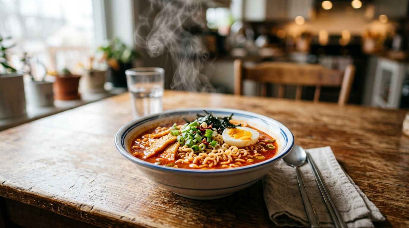 라면 맛있게 끓이기 완성된 라면 국물과 면