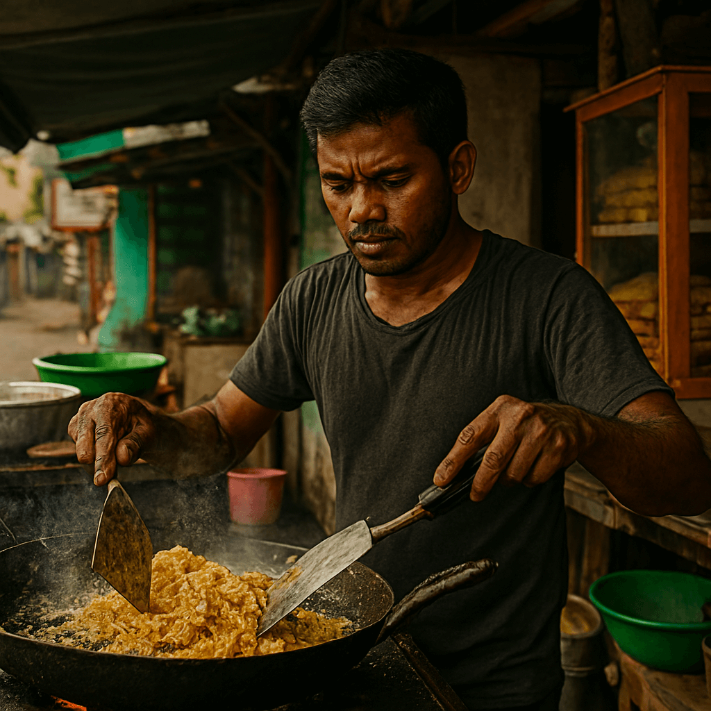 활기 넘치는 스리랑카 길거리 시장에서, 능숙한 손길로 코뚜 로띠를 만들고 있는 현지 요리사. 신선한 재료와 매콤한 향이 식욕을 돋우는 모습.