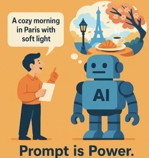 한 남성이 &quot;A cozy morning in Paris with soft light&quot;라는 문장을 읽자, 로봇 AI가 파리의 아침 풍경을 상상하고 있는 장면. 로봇의 가슴에는 'AI'라고 적혀 있고, 하단에는 'Prompt is Power'라는 문구가 쓰여 있다.