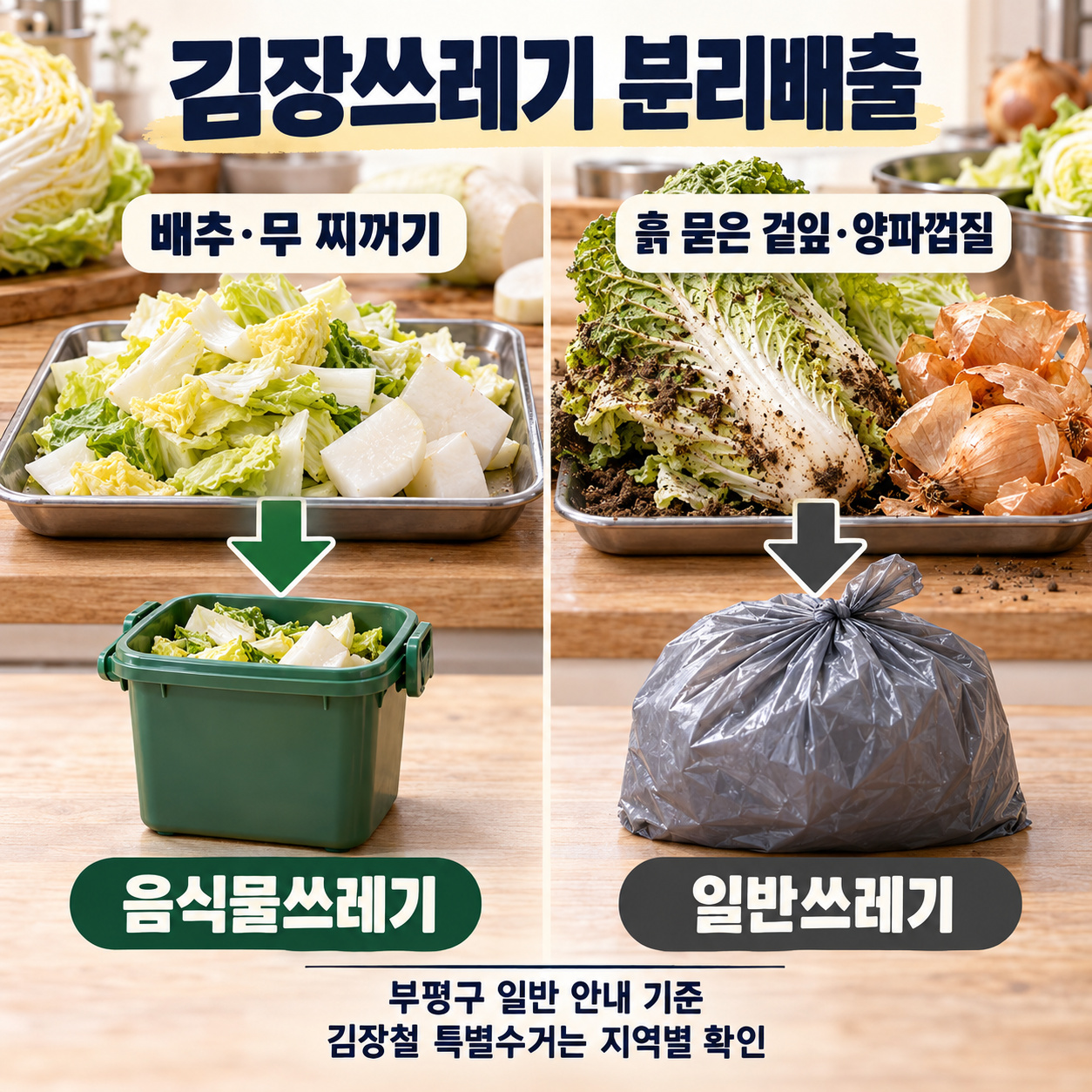 부평구 일반 안내를 기준으로 배추·무 찌꺼기는 음식물, 흙 묻은 배추 겉잎과 양파껍질은 일반쓰레기로 나누어 설명한 입체 인포그래픽