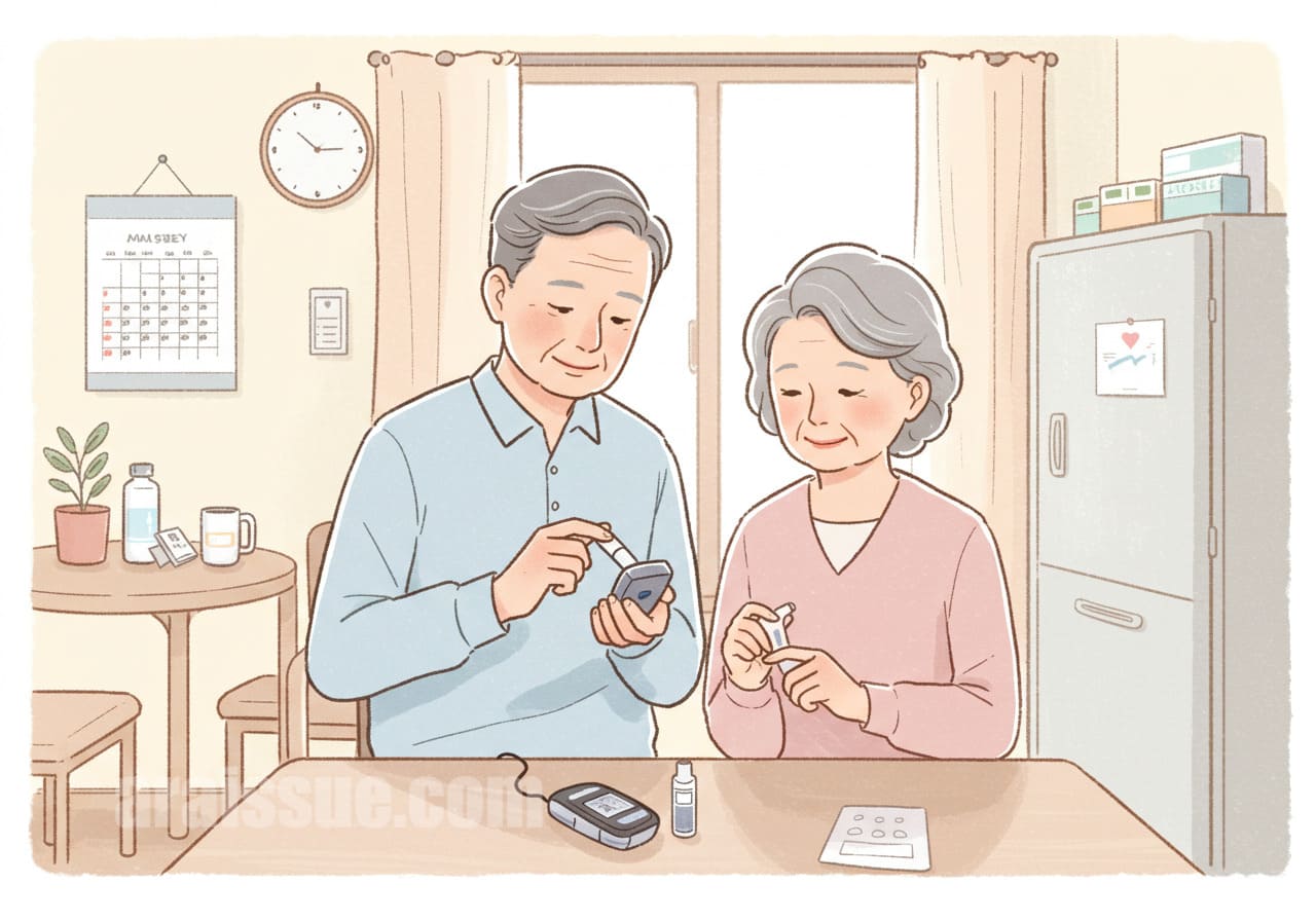 혈당측정기를 확인하는 노부부의 일상 장면