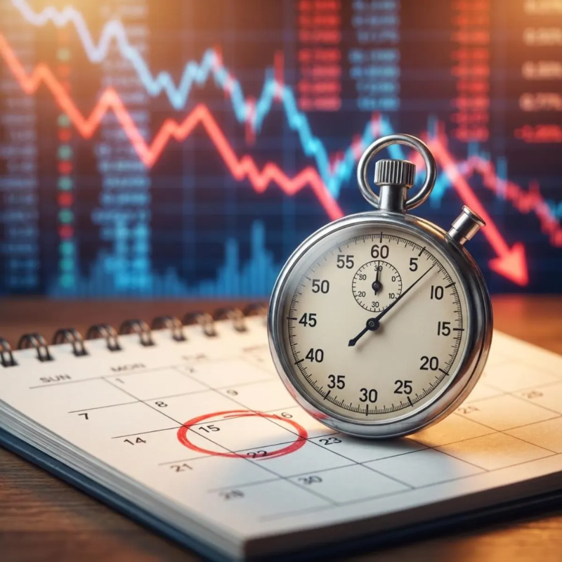 달력 위에 놓인 초시계와 하락하는 금융 차트로 대출 한도 규제 마지노선을 표현한 이미지