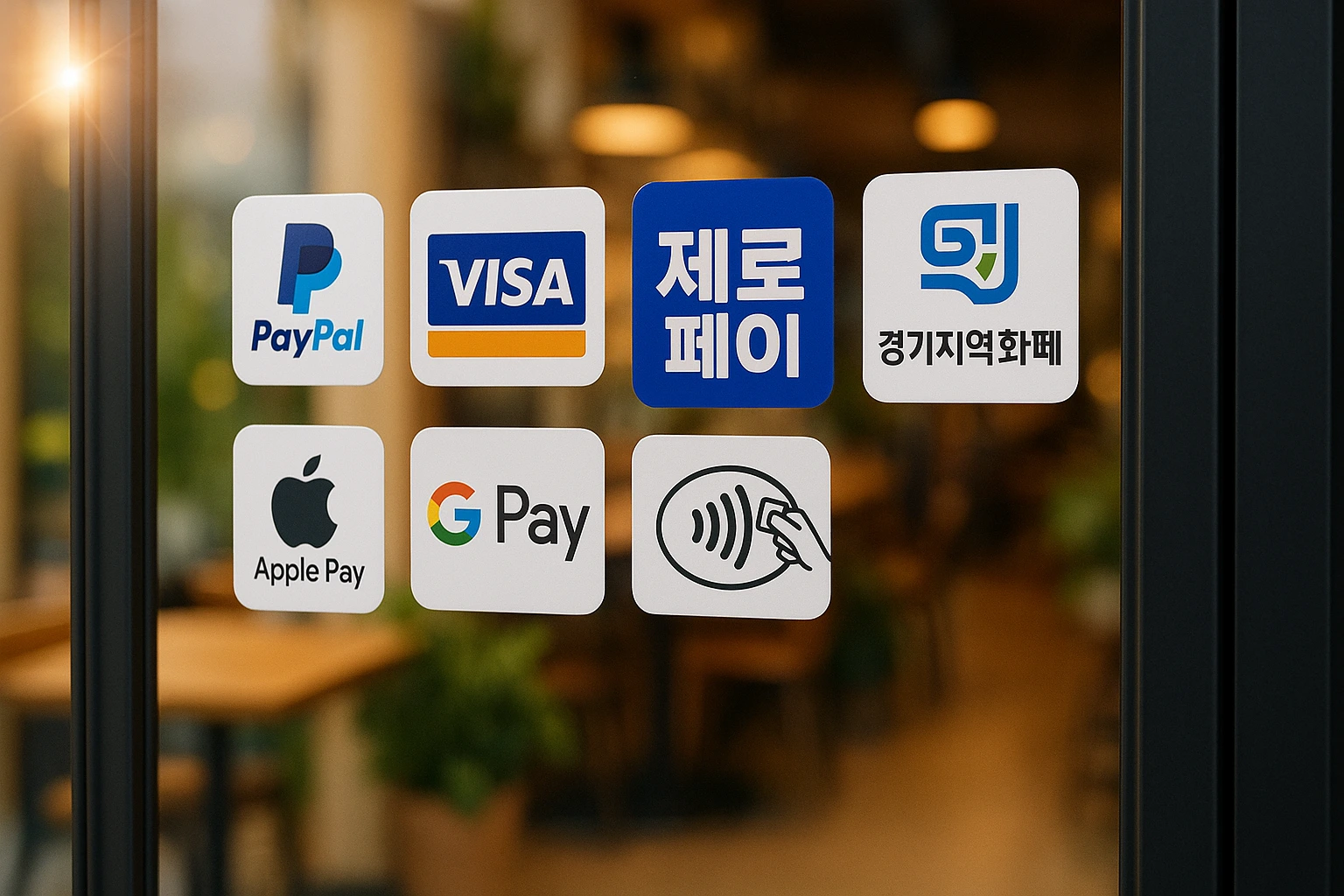 식당 유리문에 제로페이, 지역사랑상품권 가맹점 스티커가 나란히 붙어있는 모습