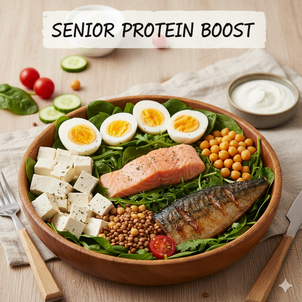 A fresh salad for senior health, featuring high-protein foods like eggs, tofu, salmon, and chickpeas. (시니어 건강을 위한 고단백 샐러드: 달걀, 두부, 연어, 병아리콩 등이 들어간 신선한 샐러드.)