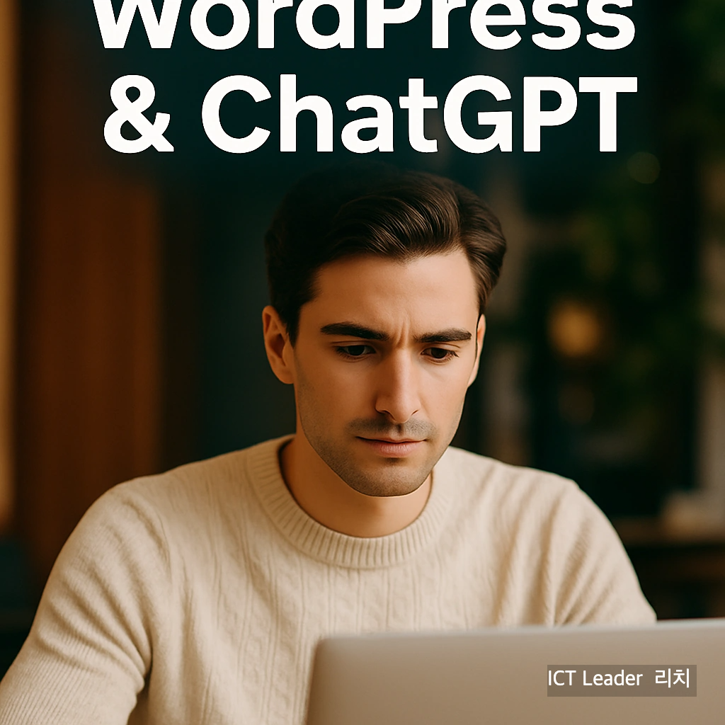 카페에서 집중하며 노트북으로 WordPress와 ChatGPT 연동 작업을 진행하는 남성의 모습