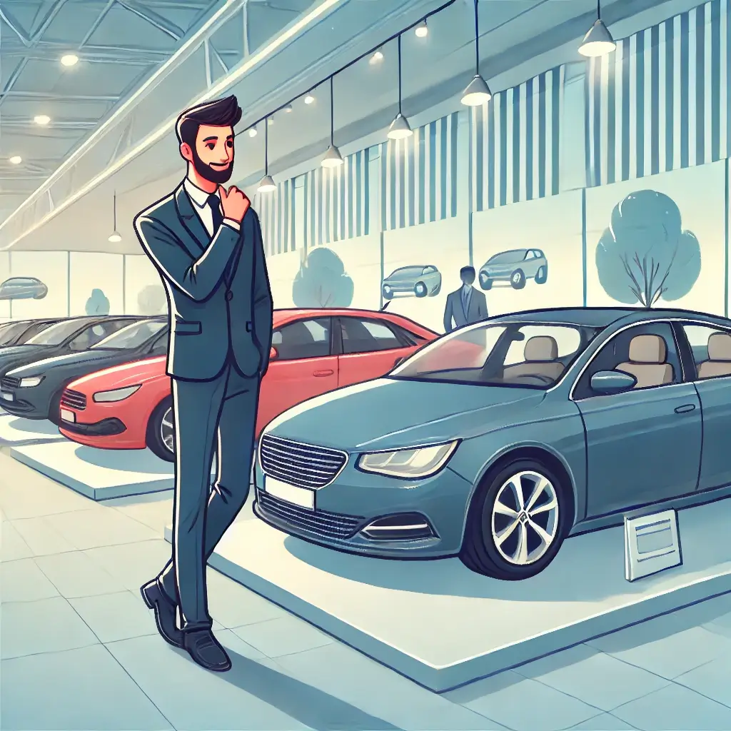 차 매장에서 차량을 고르고 있는 남자의 신중한 모습.