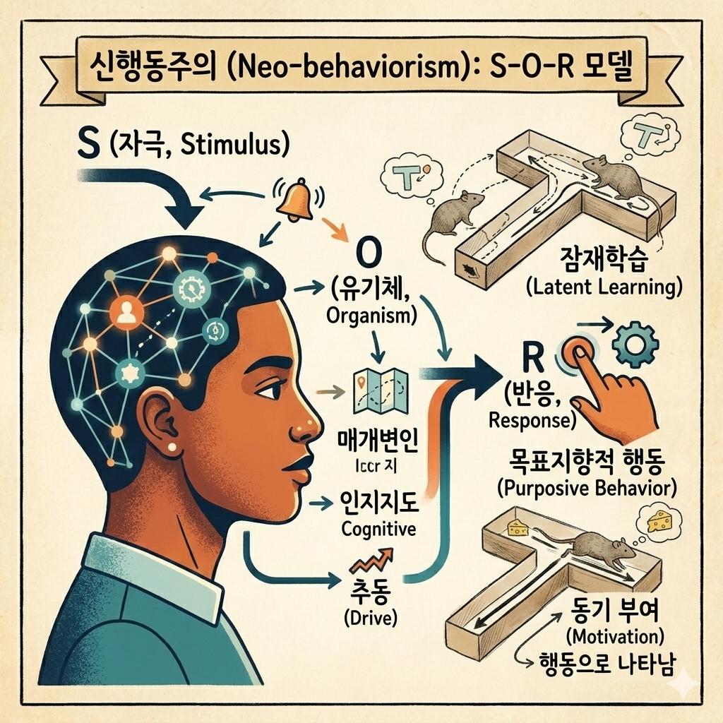 심리학 신행동주의(s-o-r)모델을 표현하는 일러스트 이미지