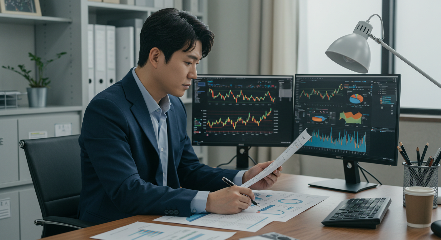 실적 시즌을 맞아 재무제표와 주가 흐름을 분석하는 한국인 투자자