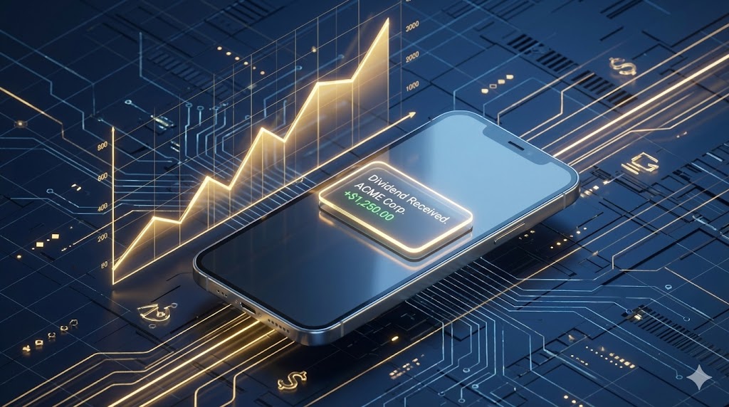 입금 알림이 뜨는 스마트폰과 황금빛 ETF 그래프 일러스트