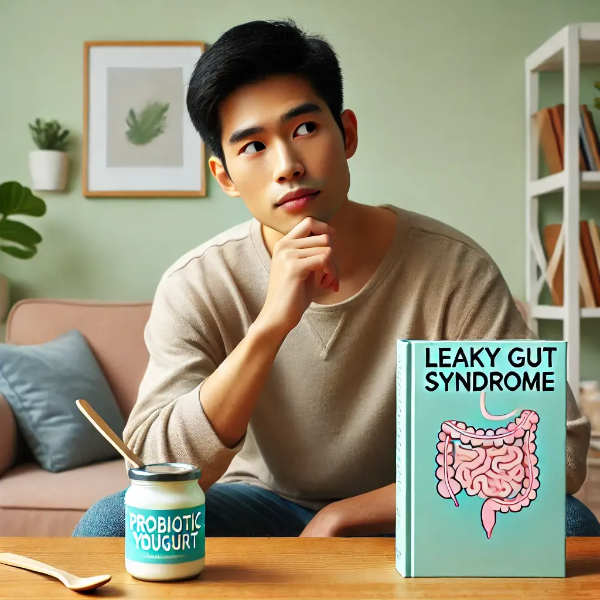 프로바이오틱 요구르트를 보며 생각에 잠긴 동양인 남성