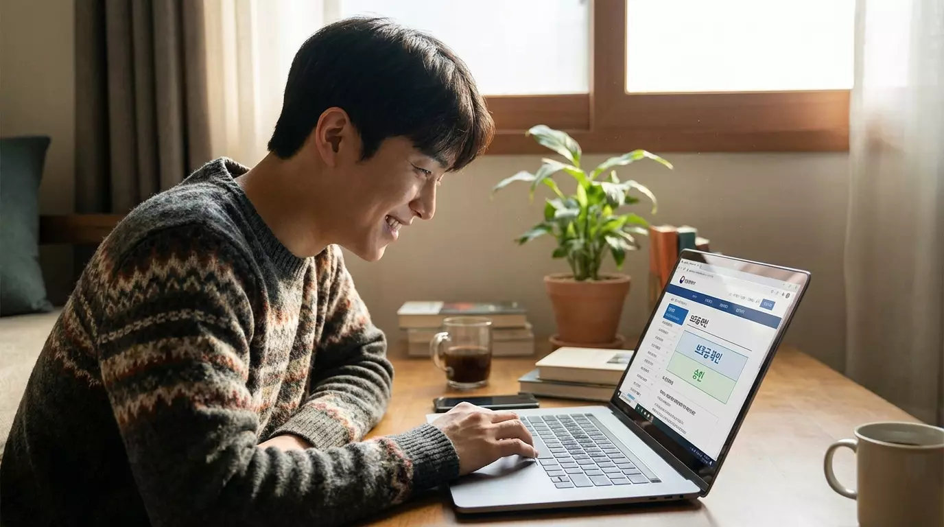 청년이 노트북으로 정부 지원금을 확인하고 있는 장면