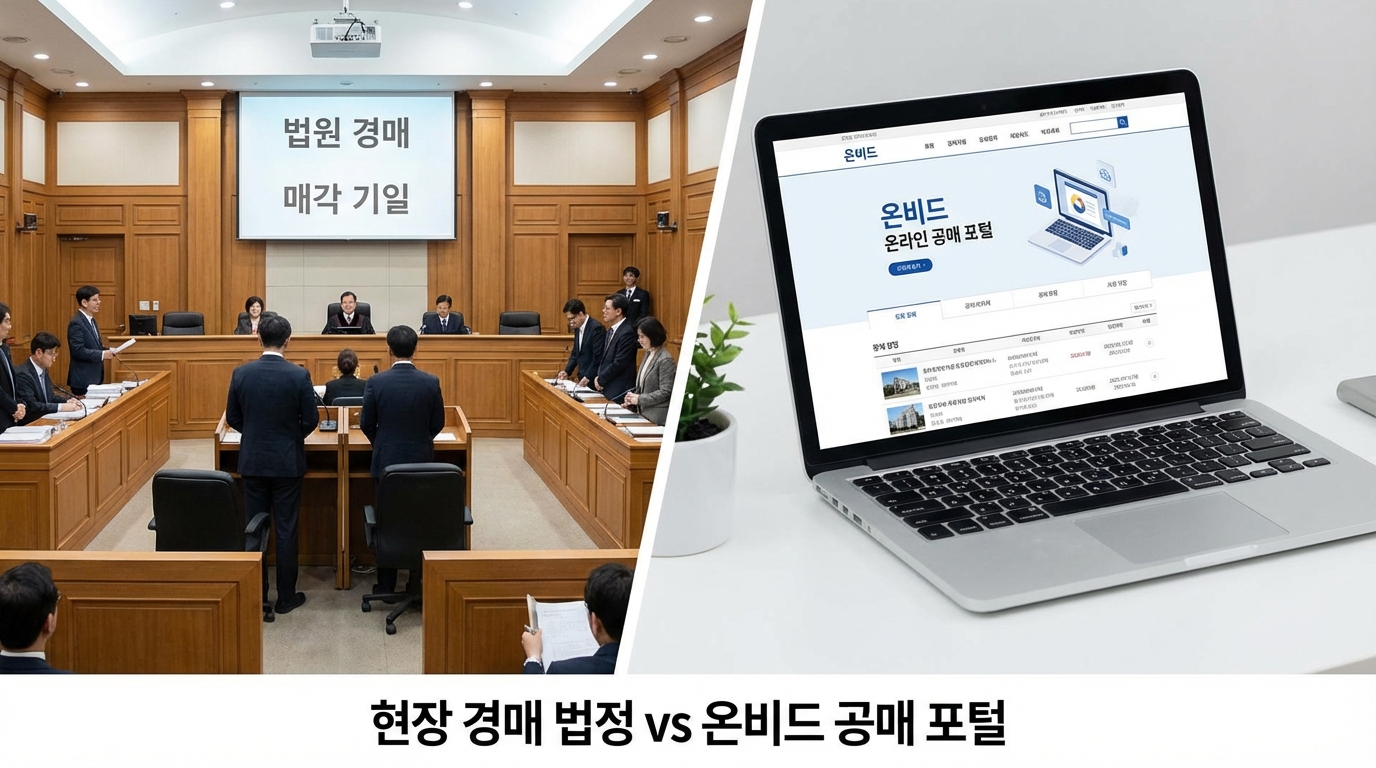 법원 경매장 풍경과 온라인 공매 사이트 온비드 화면 비교