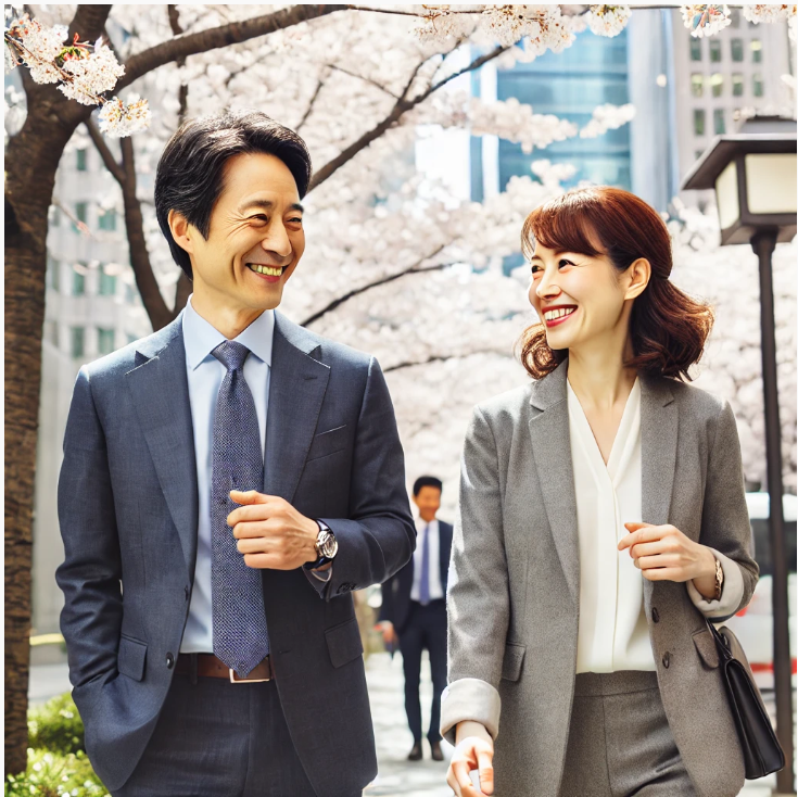 봄철 직장인의 건강 관리를 위한 걷기하는 남여 이미지