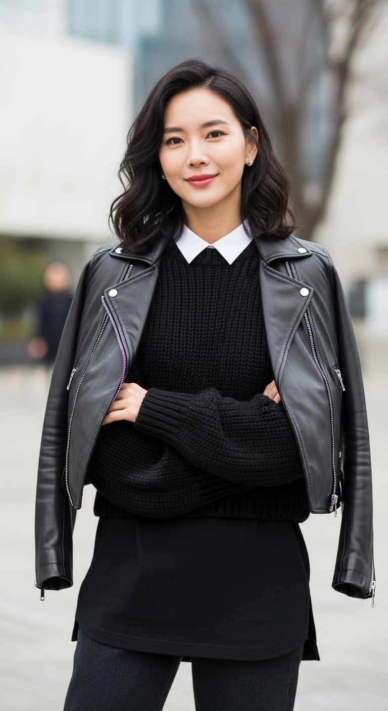 서로 다른 질감(가죽, 니트, 면)의 검은색 옷들을 레이어드한 클로즈업 샷