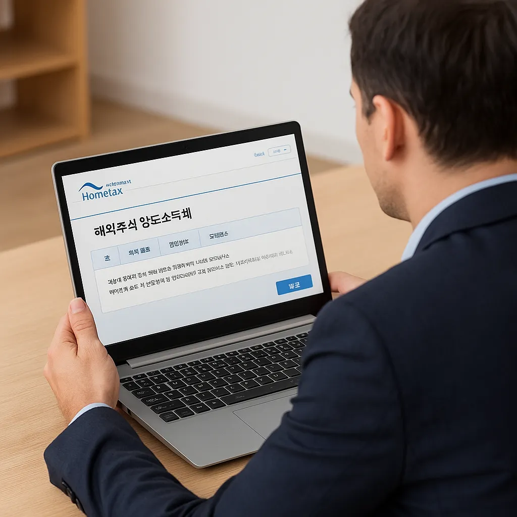 직장인이 홈택스 해외주식 양도소득세 신고 화면을 보고 있는 장면