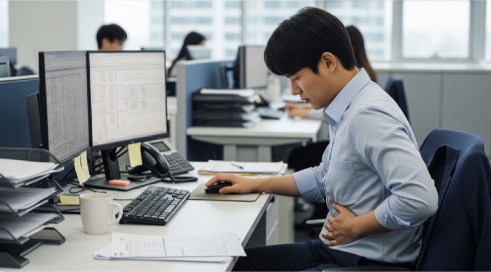 오래 앉아 복부 불편