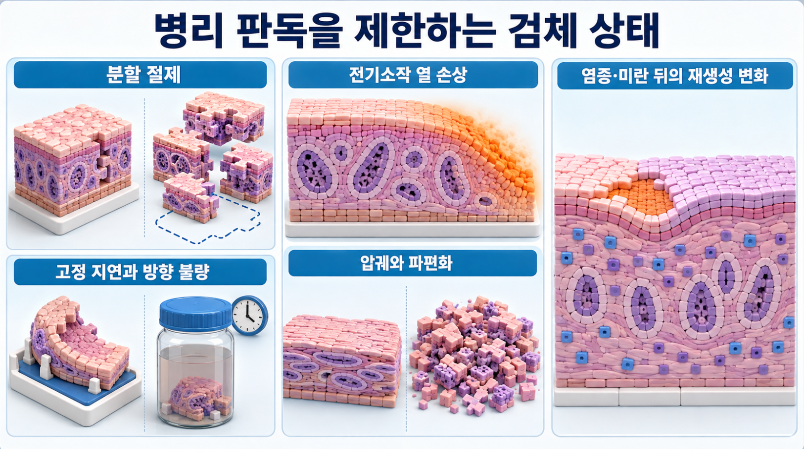 분할 절제와 전기소작 열 손상&middot;압궤&middot;파편화&middot;고정 지연 및 염증 뒤 재생성 변화를 설명한 그림