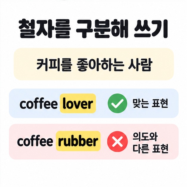 커피를 좋아하는 사람이라는 상황에서 coffee lover는 체크 표시로, coffee rubber는 X 표시로 구분한 철자 비교
