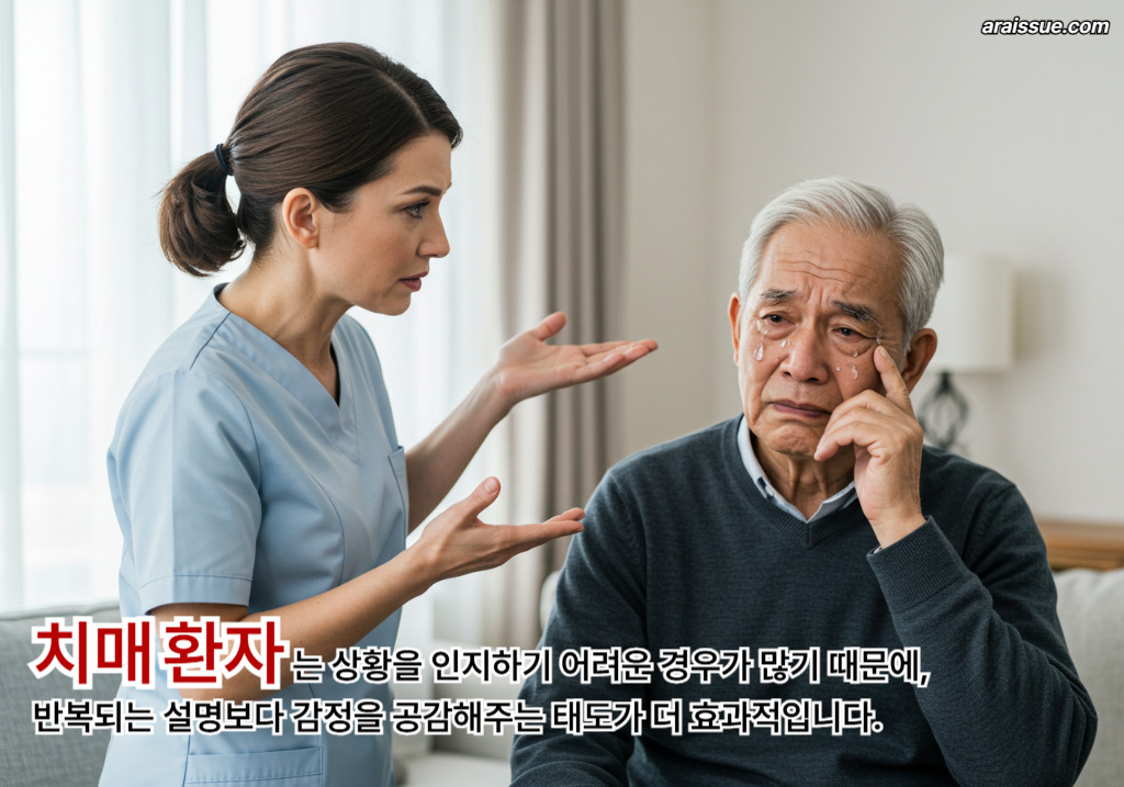 치매 환자는 상황을 인지하기 어려운 경우가 많기 때문에, 반복되는 설명보다 감정을 공감해주는 태도가 더 효과적입니다.