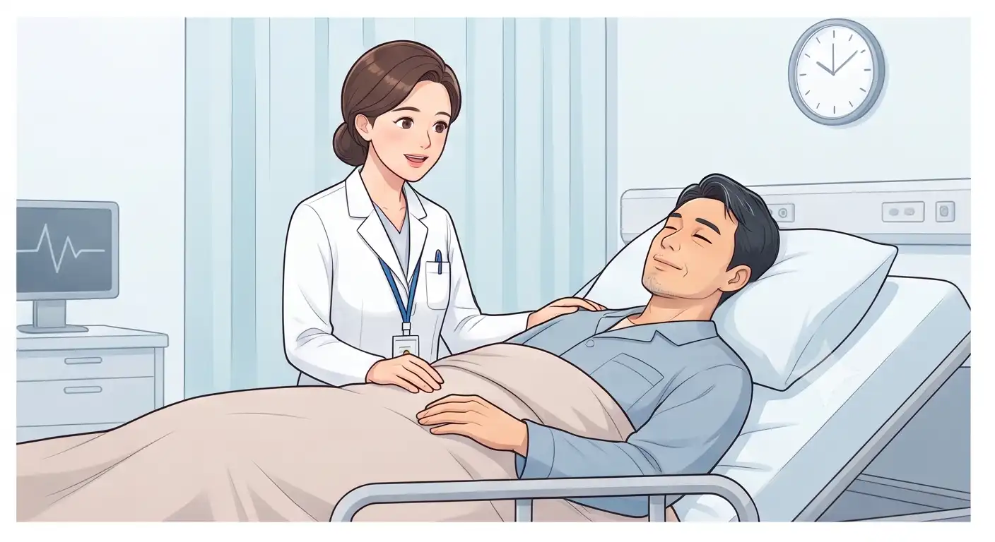 의사가 병실 침대에 누워 편안하게 회복 중인 환자의 어깨를 다독이며 안심시키는 모습